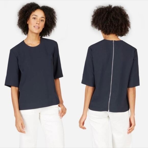 Everlane Japanese Go Weave Back-Zip Short Sleeve Blouse Navy Women's Size 0 - Picture 1 of 10